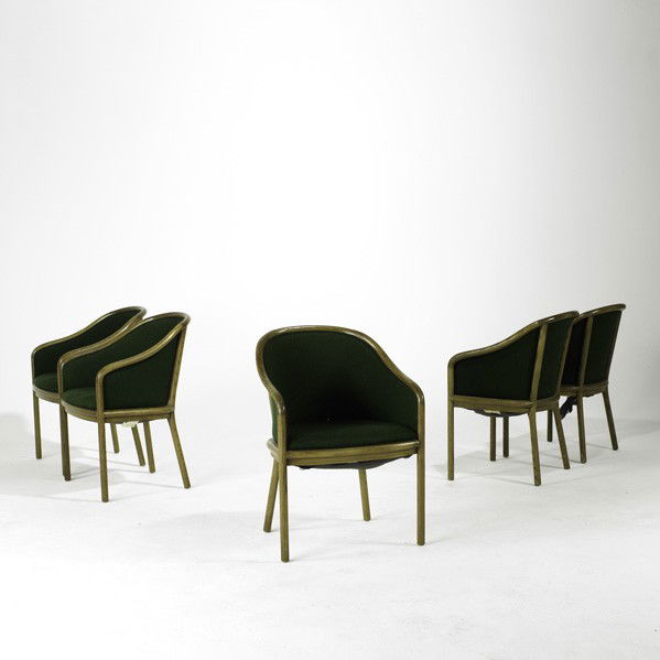 WARD BENNETT / BRICKEL: WARD BENNETT; BRICKEL; Set of five armchairs, USA, 1960's; Oak and wool; Fabric labels; Each: 33'' x 23'' x 23''