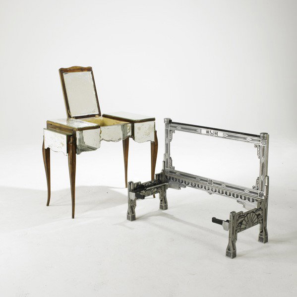 ART DECO: ART DECO; Vanity and bench, USA, 1930's/40's; Aluminum, mirrored glass and wood; Unmarked; Vanity opened: 44'' x 34'' x 22'', bench: 30'' x 37 1/2'' x 16''