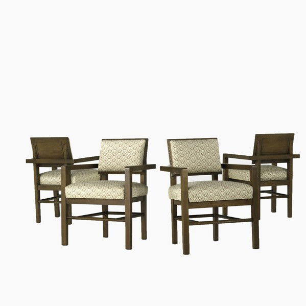FRANK LLOYD WRIGHT: FRANK LLOYD WRIGHT; Four Taliesin pattern armchairs, 1950's; Walnut and upholstery Frank Lloyd Wright re-issue cotton fabric; 32'' x 23'' x 20''