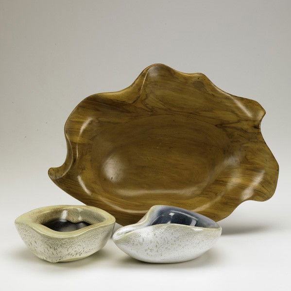 RUSSEL WRIGHT: RUSSEL WRIGHT; Three pieces: one Oceana freeform wood bowl together with two freeform ceramic bowls with frothy glaze; All with script signature; Oceana: 2 1/8'' x 14 1/2'' x 10 1/2''