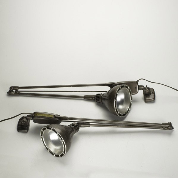 INDUSTRIAL LIGHTING: INDUSTRIAL LIGHTING; Three pieces: pair of Dazor task lamps and an Art Deco copper pendant lamp; Pendant: 25'' x 19'' dia