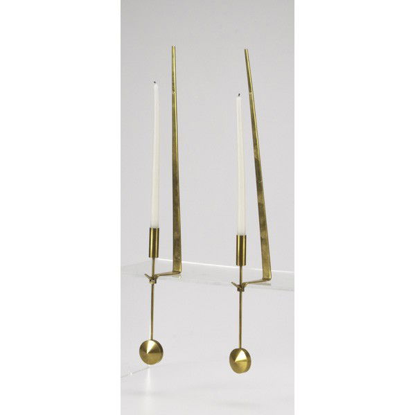 PIERRE FORSSELL / SKULTUNA: PIERRE FORSSELL; SKULTUNA; Pair of brass pendulum candle sconces; Marked Skultuna 1607 Sweden P. Forssell; 19'' x 1 2/2'' x 3 1/4''