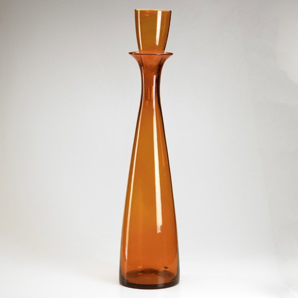 BLENKO: BLENKO GLASS; Monumental tangerine glass floor decanter; Unmarked; 35 1/2'' x 8'' dia.
