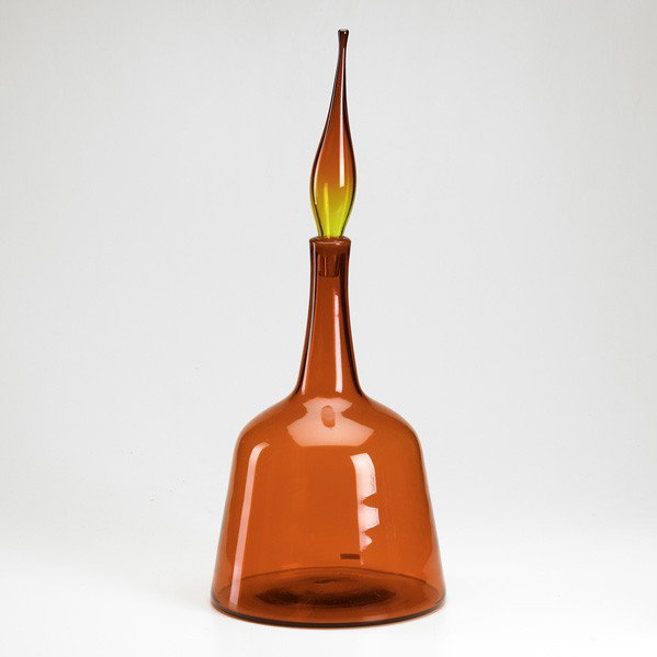 BLENKO: BLENKO GLASS; Tangerine glass decanter with flame stopper; Etched Blenko signature; 25 1/2'' x 10 1/4'' dia.