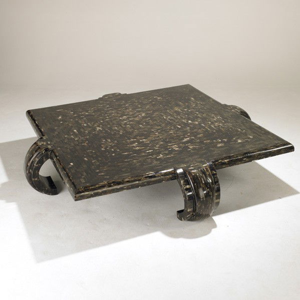 KARL SPRINGER (Attr.): KARL SPRINGER (Attr.); Oversized tessellated dark horn low table; Brass Karl Springer tag; 17'' x 88'' sq.
