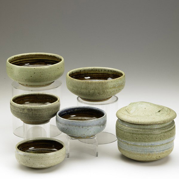 KAREN KARNES: KAREN KARNES; Six stoneware pieces: lidded jar with stylized fossil lid and five bowls; All marked K.K.; Jar: 5 1/8'' x 5 1/2'' dia.