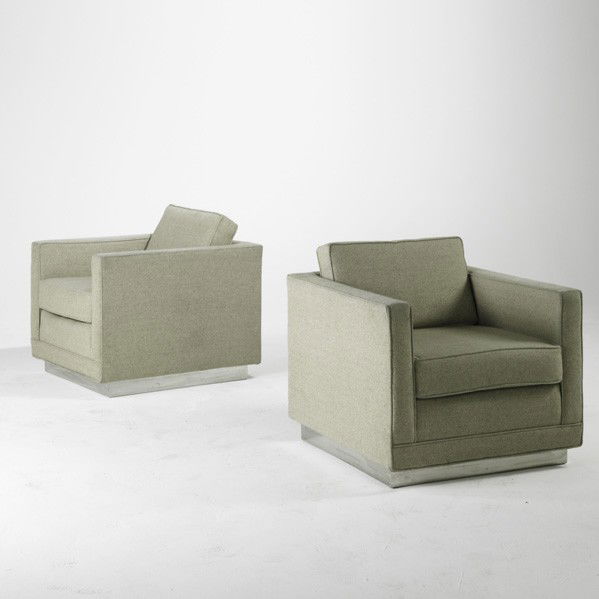ROGER SPRUNGER / DUNBAR: ROGER SPRUNGER; DUNBAR; Pair of club chairs, USA, 1980's; Wool and chrome plated steel; Unmarked; Each: 29'' x 31'' x 33''