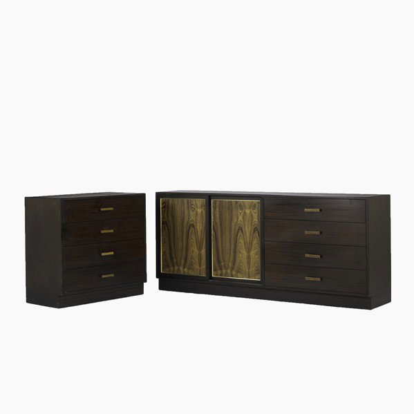 HARVEY PROBBER / HARVEY PROBBER INC.: HARVEY PROBBER; HARVEY PROBBER INC.; Two cabinets; 1960's; Mahogany, rosewood and brass; Metal label; Larger: 34'' x 77 1/4'' x 18 3/4'' smaller: 33 3/4'' x 36'' x 18 3/4''
