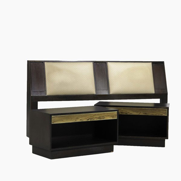 HARVEY PROBBER / HARVEY PROBBER INC.: HARVEY PROBBER; HARVEY PROBBER INC.; King-sized headboard and nightstands; 1960's; Mahogany, rosewood, brass and upholstery; Metal label; Nightstand: 20'' x 36'' x 18'', headboard: 40'' x 80'' x 8''