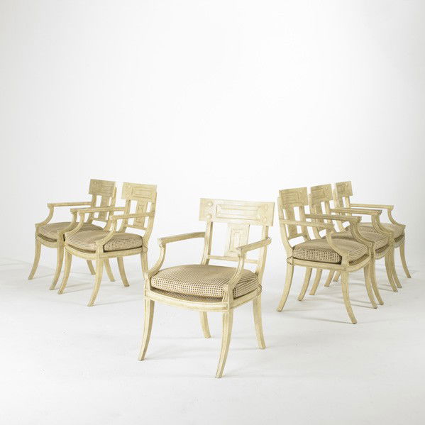 MICHAEL TAYLOR DESIGNS INC.: MICHAEL TAYLOR DESIGNS INC.; Set of six Klismos-style dining chairs, USA, 1980's/90's; Gessoed wood, cane and wool; Metal labels; Each: 34'' x 22'' x 25''