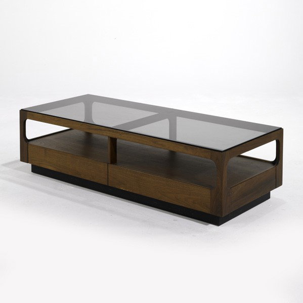 KIPP STEWART/ DREXEL: KIPP STEWART; DREXEL; Walnut and glass coffee table with one drawer; 16 1/2'' x 60'' x 24''