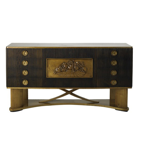 ITALIAN ART DECO: ITALIAN ART DECO; Walnut sideboard with interior bar cabinet and carved center panel, ca. 1935; 37 3/4'' x 71'' x 18 1/2''