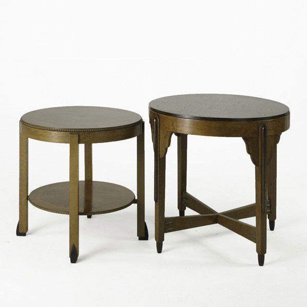 DUTCH ART DECO: DUTCH ART DECO; Two occasional tables: taller oak and macassar ebony, shorter with bookmatched satin wood veneer with oak frame and macassar ebony feet, Holland, ca. 1920's'; Taller: 29 3/4''