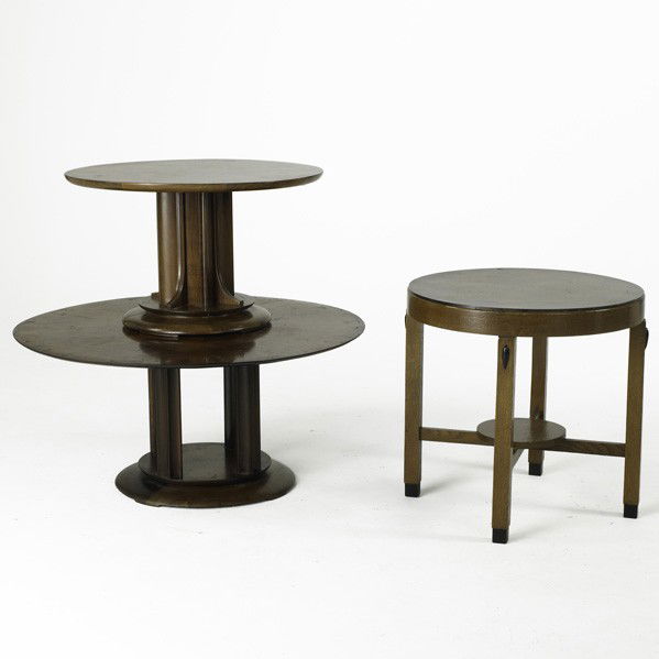 DUTCH ART DECO: DUTCH ART DECO; Three occasional tables, Holland, ca. 1920's; Each in oak veneer and macassar ebony, marquetry tops; Tallest: 26 3/4''