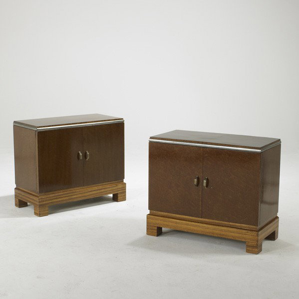 ART DECO: ART DECO; Pair of nightstands, likely European, 1940's; Burlwood, rosewood, brass and chromed steel; Unmarked; Each: 24'' x 28'' x 14''
