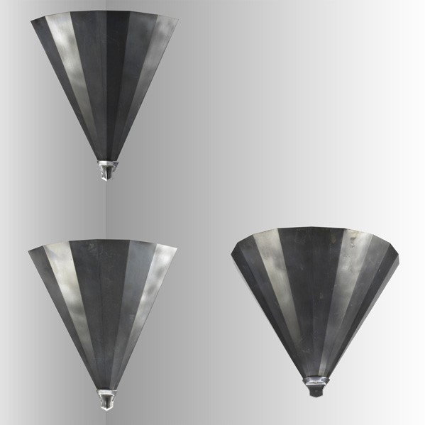 MODERN LIGHTING: MODERN LIGHTING; Three fan-shaped zinc wall sconces: two corner, one half round; Unmarked; 14 1/2'' x 17 1/2'' x 10 1/2''