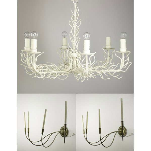 MODERN LIGHTING: MODERN LIGHTING; Three items: Dane Creath enameled iron twig chandelier with Dane Creath Designs label together with a pair of large wall sconces, Wagner-Woodruff Co. label; Chandelier: 24'' x 34'' di