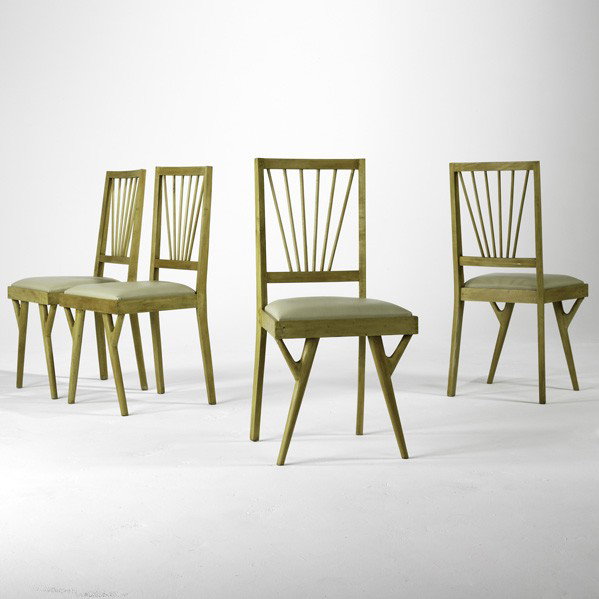 BRAZILIAN: BRAZILIAN; Set of four dining chairs, 1950s; Birch and leatherette; Remnants of import tags; 36'' x 17 1/2'' x 19''