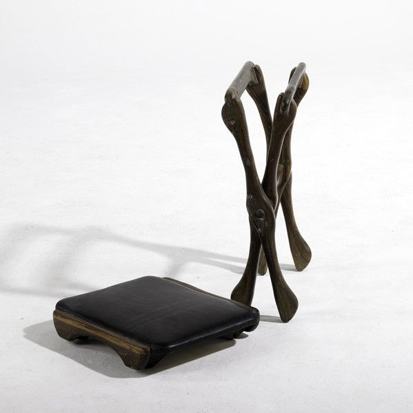 DON SHOEMAKER / SENAL: DON SHOEMAKER; SENAL; Folding stool; Mexico 1960s; Rosewood and leather; Unmarked; 18 1/2'' x 20'' x 18''