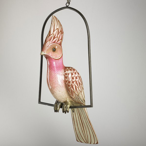 SERGIO BUSTAMANTE: SERGIO BUSTAMANTE; Two pieces: green parrot on enameled brass hanger, signed and numbered, together with a similar cockatoo with brass hanger marked Mexico; Bustamante: 42''