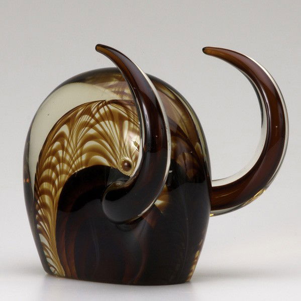 GINO CENEDESE: GINO CENEDESE; Cased glass buffalo statue; Signed and dated '90; 7 1/2'' x 8'' x 5 3/4''