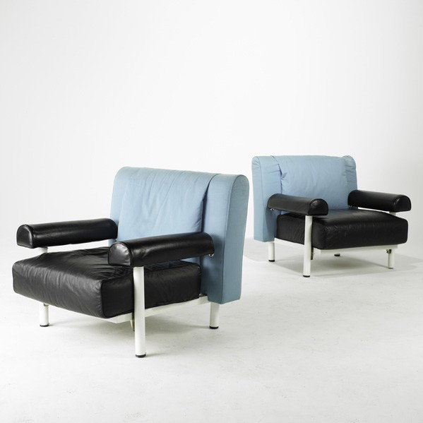 FELICE ROSSI: FELICE ROSSI; Pair of club chairs, Italy, 1980s; Canvas, leather and enameled metal; Labeled; 34'' x 37'' x 39''