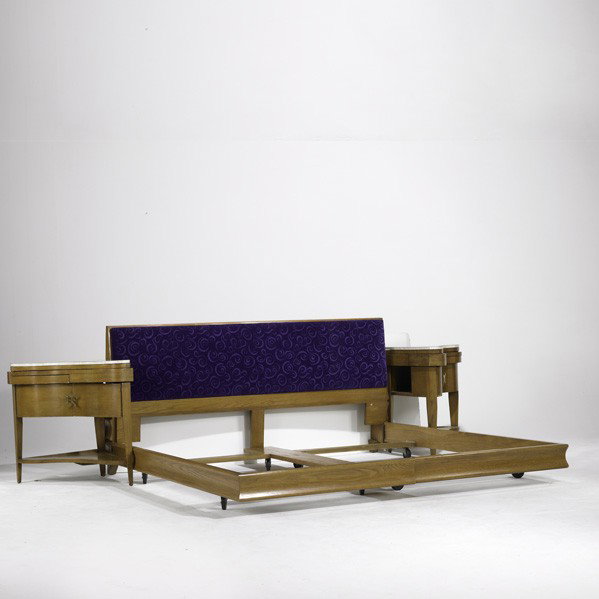 ITALIAN MODERN: ITALIAN MODERN; King-sized bed and nightstands, Italy 1950s; Oak, laminate, brass and upholstery; Unmarked; Bed: 37 1/2'' x 80'' x 75'', nighstands: 29 1/2'' x 24'' sq.