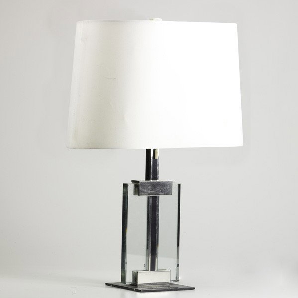 MARTINI FRATELLI: MARTINI FRATELLI; Table lamp, Italy, 1970s-1980s; Glass, chromed and enameled steel; Labeled; 21'' x 5'' sq.