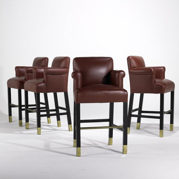 DONGHIA: DONGHIA; Four bar stools; Leather, lacquered wood and brass; Fabric labels; 46'' x 25'' x 23 1/2''