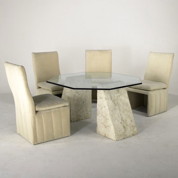 CONTEMPORARY: CONTEMPORARY; Five pieces, 1970s: travertine and glass dining table together with four velvet upholstered dining chairs; Unmarked; Table: 27'' x 48'' sq., dining chairs 39'' x 21'' x 25''