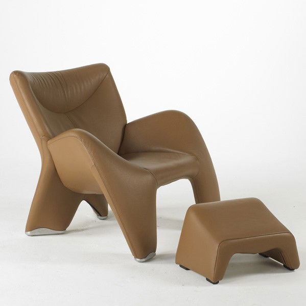 JAN ARMGARDT / LEOLUX: JAN ARMGARDT; LEOLUX; Enchanton lounge chair and ottoman, Netherlands, 2000s; Leather, polished aluminum and plastic; Fabric labels; Chair: 35 1/2'' x 39 1/2'' x 39''