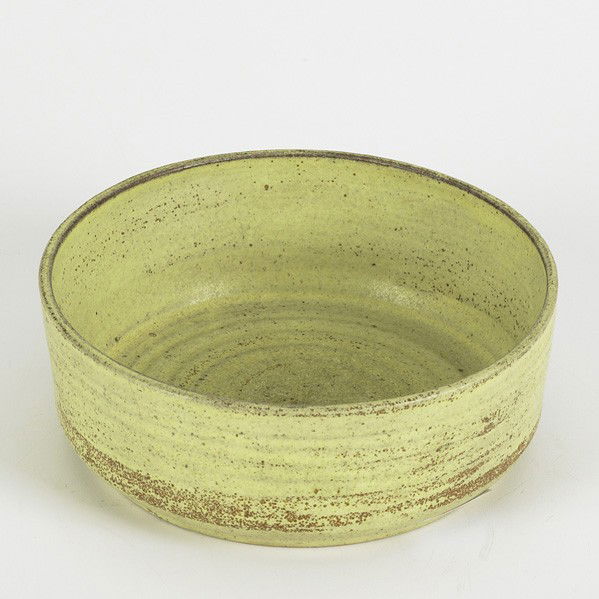 LAURA ANDERSON: LAURA ANDERSON; Stoneware low bowl with mustard glaze; Incised Laura Anderson 1949; 2'' x 5 1/4'' dia.