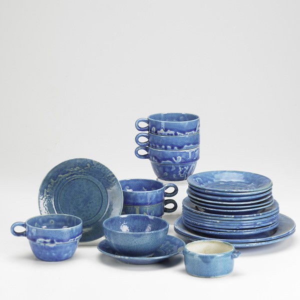 PRIMAVERA: PRIMAVERA; Twenty-five piece porcelain dessert set in blue mottled glaze: six tea cups, eight saucers, seven dessert plates, two serving plates, one sugar and one bowl; All stamped, one signed; Tea cu