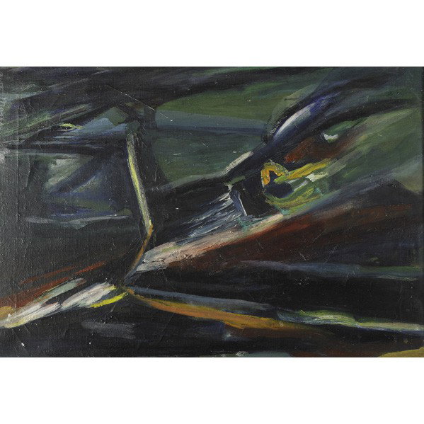 TWO 20TH C. ABSTRACTS: TWO 20TH C. ABSTRACTS; Two oil on canvas abstracts (each framed); Signed Betty Moses; Each: 18'' x 26''; Together with an unsigned framed work on paper