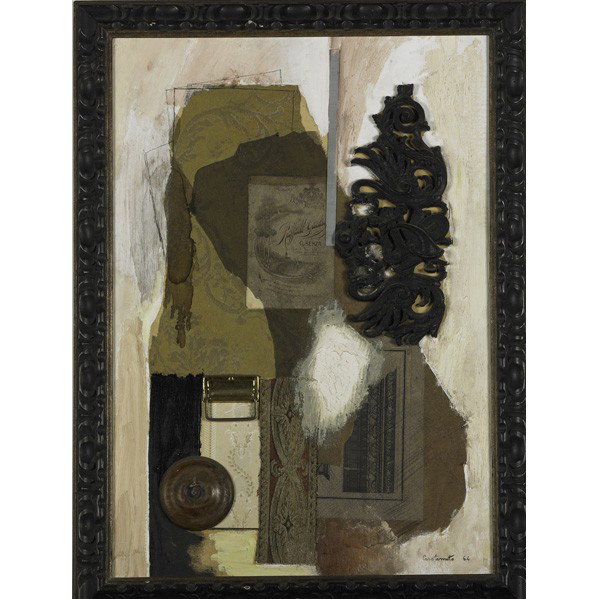 TWO MODERN WORKS: TWO MODERN WORKS; Mario Carotenuto (Italian, 20th c.), mixed media collage on board, ''Interno,'' 1964 (framed), signed, titled and dated; Unknown Israeli artist, watercolor on paper (framed); Each: 2