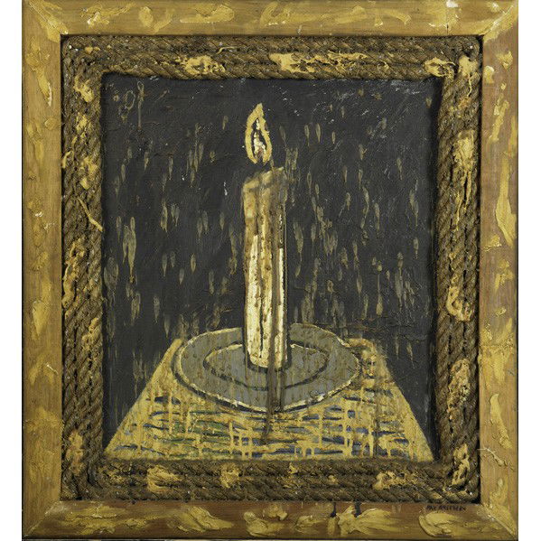 RAY SMITH (American, b. 1959): RAY SMITH (American, b. 1959); Oil, wax and rope on wood, Untitled (Candle), 1984; Signed; 24'' x 22''; Provenance: Private Collection, New York