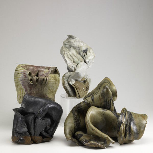 MODERN CLAY SCULPTURES: MODERN CLAY SCULPTURES; Four pieces of twisted redware and stoneware; Unsigned; Tallest: 12''