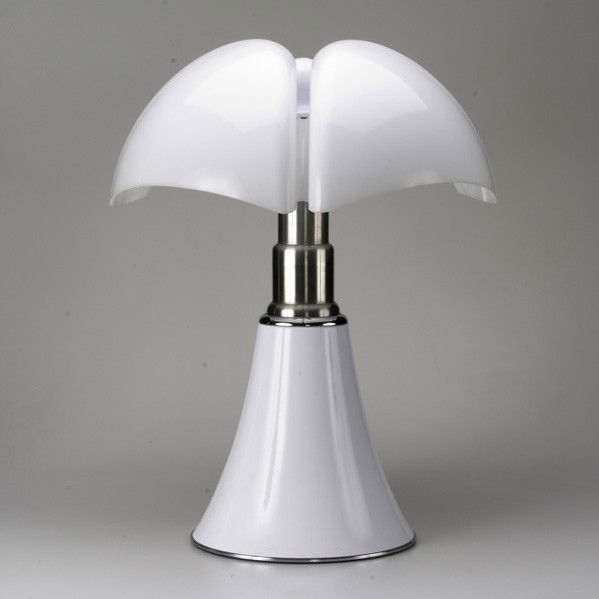 GAE AULENTI / MARTINELLI LUCE: GAE AULENTI; MARTINELLI LUCE; Pipistrello table lamp with chrome and enamel base, white plastic shade; Marked; As shown: 29'' x 21'' dia.