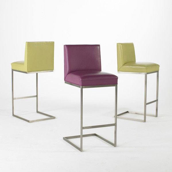 TERRY FARELL / BRUETON: TERRY FARELL; BRUETON; Set of three barstools, USA, 1990s; Leather and brushed steel; Fabric labels; 41'' x 16 1/2'' x 18''