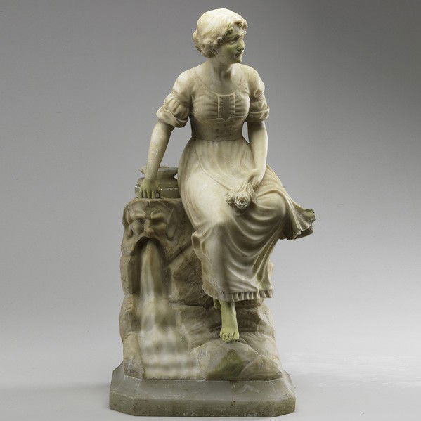 ALABASTER STATUE: ALABASTER STATUE; Depicting a woman seated on a rock, late 19th c.; Repaired; 30''