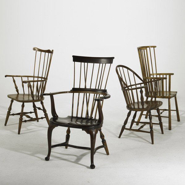 WINDSOR CHAIR GROUPING: WINDSOR CHAIR GROUPING; Four various styles in mixed woods, 20th c.; Queen Anne foot chair: 43'' x 27'' x 25''