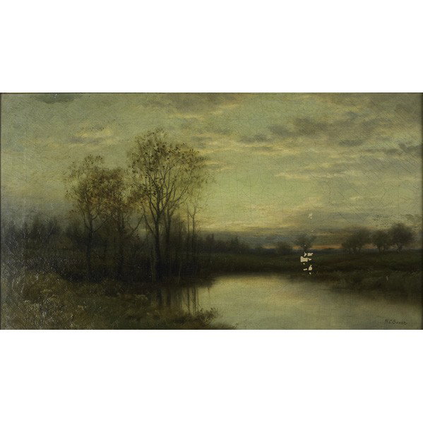 WILLIAM C. BAUER (American, 1862-1904): WILLIAM C. BAUER (American, 1862-1904); Oil on canvas of a sun setting over a pastoral landscape with stream (framed); Signed W.C. Bauer; 14'' x 24''