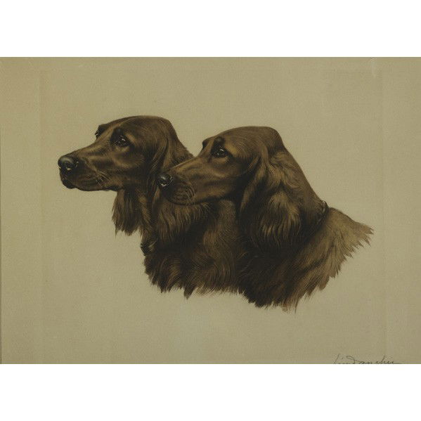 LEON DANCHIN (French, 1887-1939): LEON DANCHIN (French, 1887-1939); Lithograph in colors, Two Setters (framed); Signed; 16'' x 19''