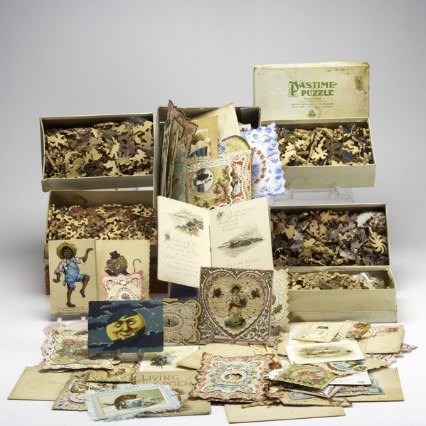 PUZZLES, POSTCARDS AND GREETING CARDS: PUZZLES, POSTCARDS AND GREETING CARDS; Seven vintage puzzles (not known if complete), Approximately seventy-five cards including homemade Victorian, die-cut, etc.; Largest: 6''