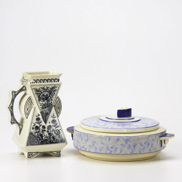 ENGLISH POTTERY: ENGLISH POTTERY; Two pieces: Royal Dalton covered two-handled vegetable dish and Aesthetic Movement transferware pitcher; Both stamp marks; Taller:7 3/4''