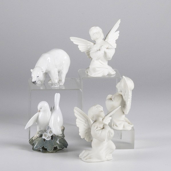 AMERICAN AND EUROPEAN PORCELAIN: AMERICAN AND EUROPEAN PORCELAIN; Three Boehm angels: one Copenhagen polar bear and double bird figure; Tallest: 5 1/2''