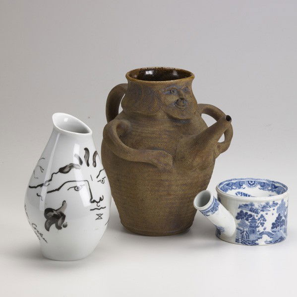 POTTERY AND PORCELAIN: POTTERY AND PORCELAIN; Three Chinese Export pieces in the Canton pattern, Rosenthal Classic Rose, Jean Cocteau vase and Mendez stoneware figural jug, 19th/20th c.; Tallest: 13''