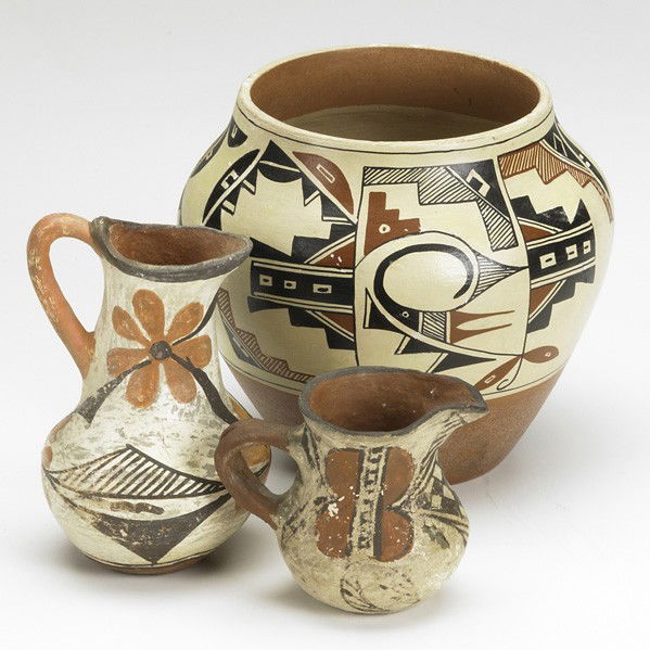 SOUTHWEST POTTERY: SOUTHWEST POTTERY; Three pieces redware, 20th c.: vase marked May Josa Jemez, and two pitchers; Tallest: 5 1/2''