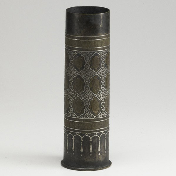 BEZALED MIXED METAL DECORATED TRENCH ART: BEZALED MIXED METAL DECORATED TRENCH ART; WW1 era bronze shell case by Fried Krupp, Karlsruhe, with applied silver and copper Moorish decorations, banded by Hebraic inscriptions; 11''
