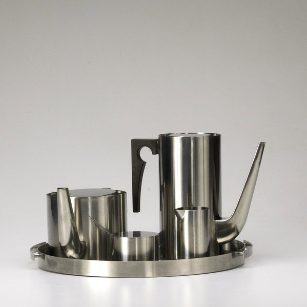 ARNE JACOBSEN/ STELTON: ARNE JACOBSEN; STELTON; Five pieces: ''Cylinda'' line stainless-steel tea set: tall coffee pot, low teapot, creamer, sugar and tray; Most marked; Tallest: 7 3/4''